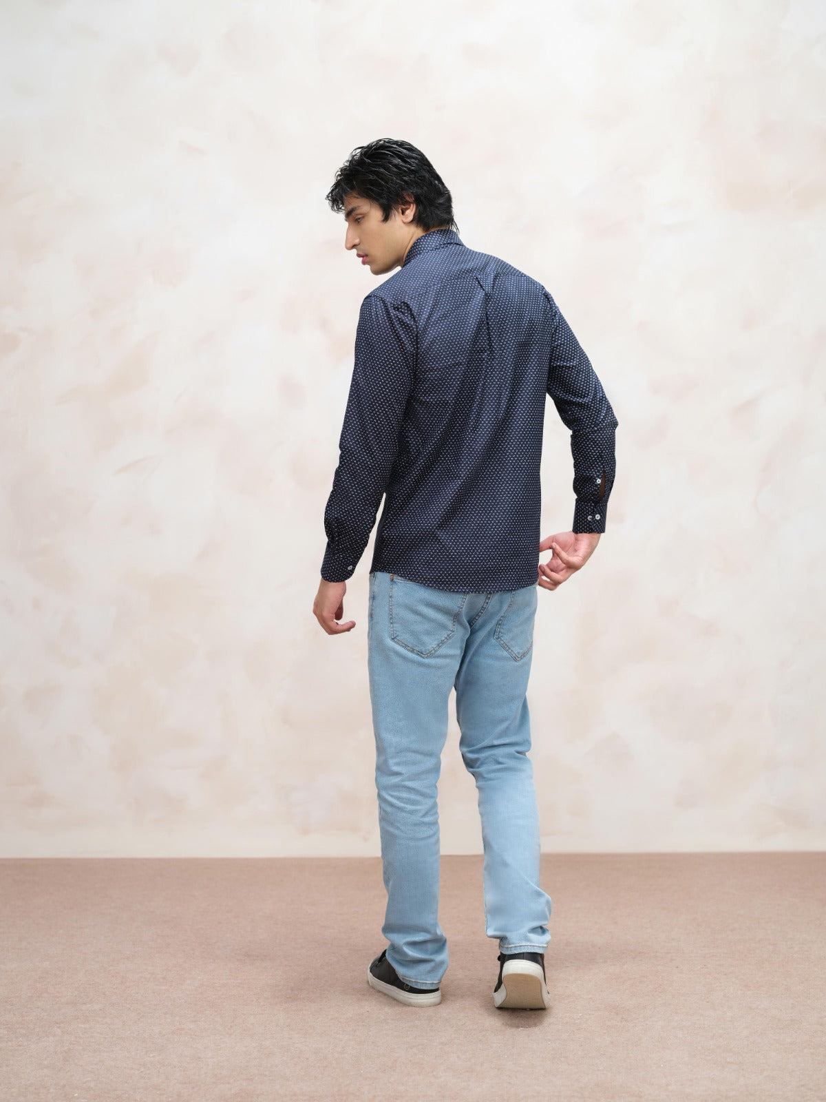 Navy Printed Cotton Button-Down Shirt