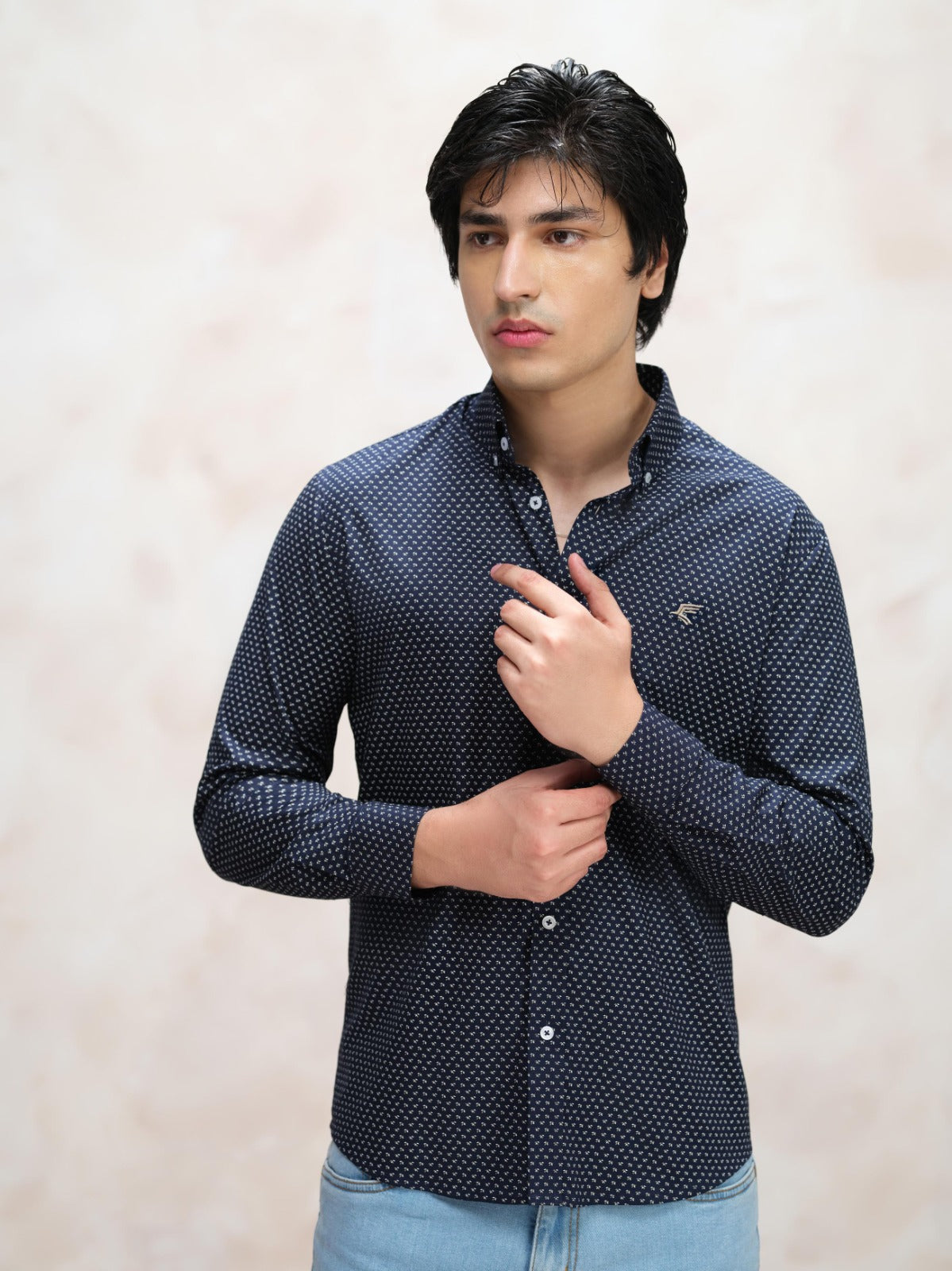 Navy Printed Cotton Button-Down Shirt